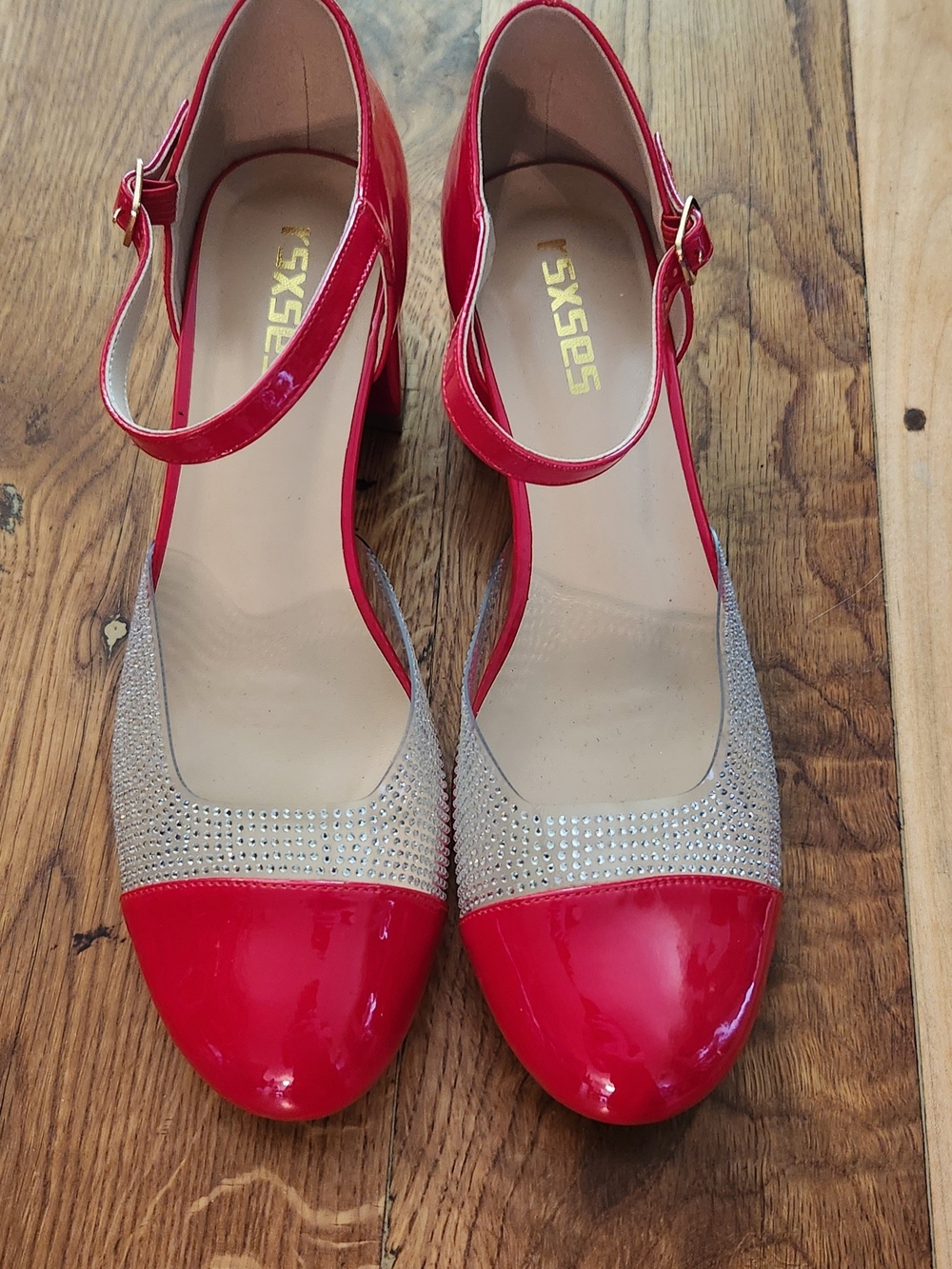 Red Patent Leather Heels with Silver Crystal Toe